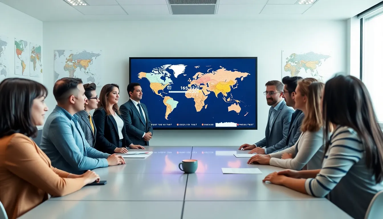 diverse professionals discussing geographic coordinates in a modern classroom.